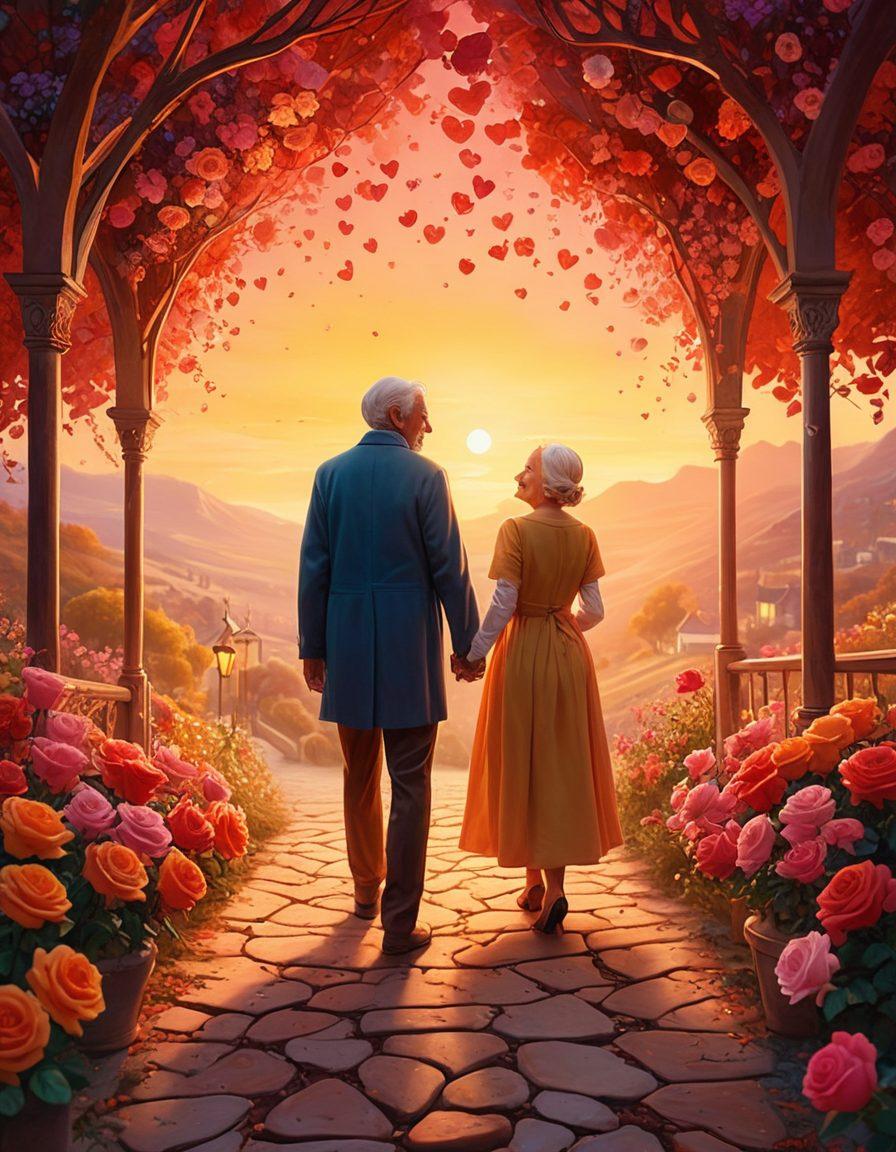 A beautiful scene depicting various stages of a romantic relationship: a couple on their first date, another couple celebrating an anniversary, and an elderly couple holding hands. The background transitions through vibrant colors representing the passage of time, with symbols of love like hearts or roses subtly integrated. Soft, warm lighting to evoke feelings of intimacy and connection. This illustration captures love's journey, reflecting joy and togetherness. surreal art, vibrant colors, soft focus.