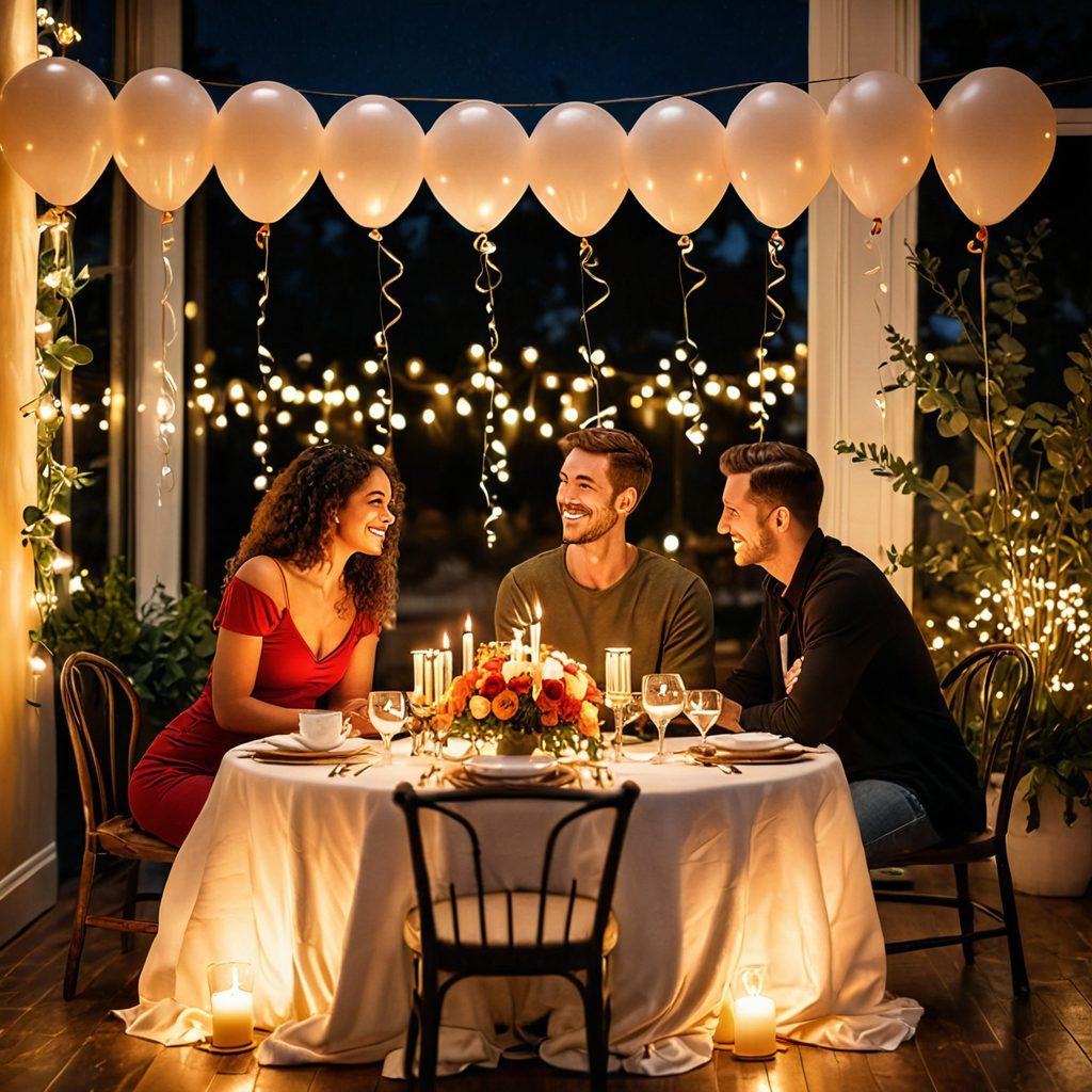 A warm and inviting scene of two diverse couples sharing a cozy moment at a candlelit dinner, surrounded by heart-shaped balloons and soft fairy lights, symbolizing love and connection. Include elements like a beautifully set table with a romantic dinner and a floral centerpiece, capturing the essence of partnership. The atmosphere should feel intimate and optimistic, inspiring readers to strengthen their relationships. super-realistic. vibrant colors. warm tones.