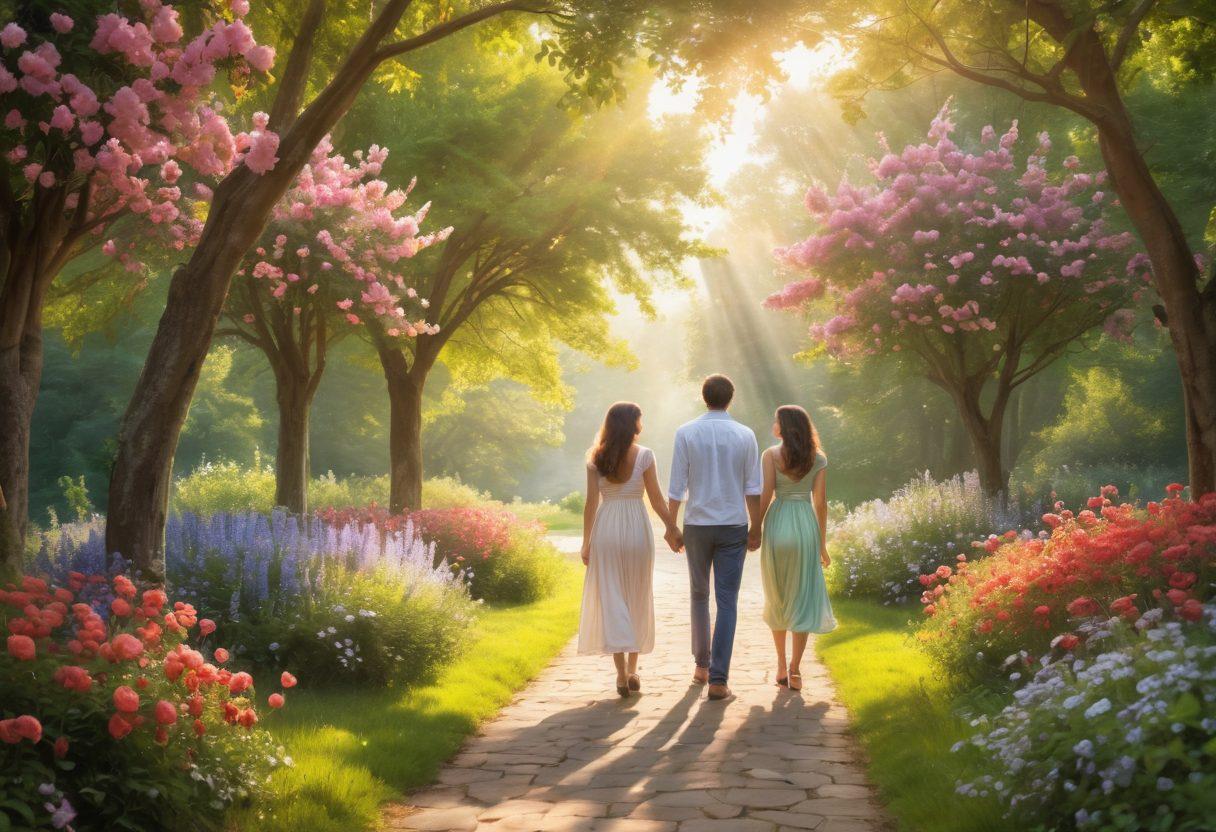 A couple walking hand in hand along a scenic pathway, surrounded by blooming flowers and soft sunlight filtering through the trees, representing the stages of love from courtship to deep connection. The couple is smiling and looking into each other's eyes, embodying joy and romance. In the background, a subtle heart shape formed by the trees adds a whimsical touch, enhancing the theme of lasting love. ethereal style. soft pastels. painterly effect.